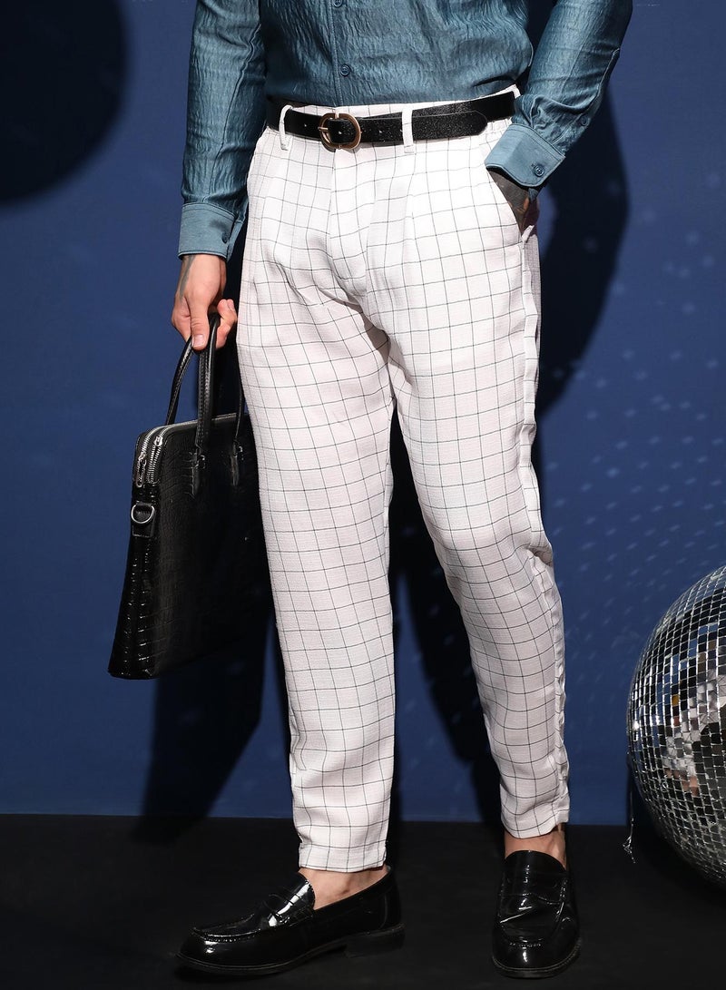 Campus Sutra Men's Cream White Graph Tailored Trousers For Casual Wear | Mid-Rise | Regular Fit | Button Closure | Trousers Crafted With Comfort Fit For Everyday Wear  - Image 1