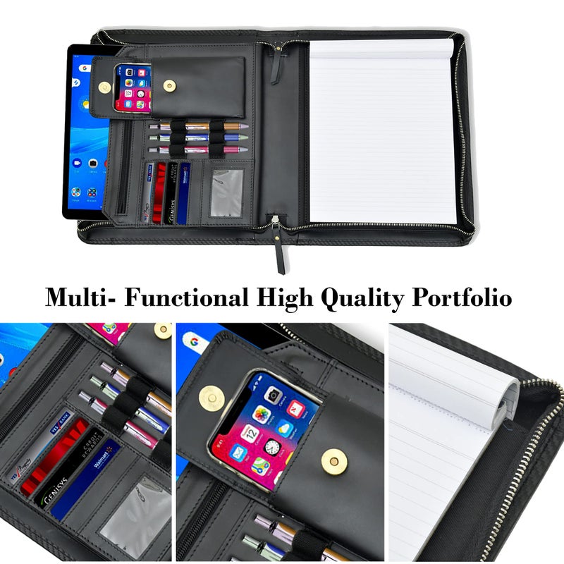 Jajmo Legacy Leather Business Portfolio Padfolio Document Organizer with Writing Pad Resume Professional Interview Zipper Writing Notepad Folder for Men Women (Black) - Image 3