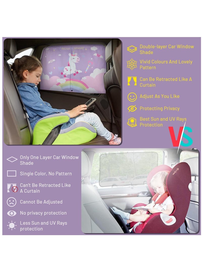 Excefore - Car Window Shade for Baby, Magnetic Double Layer Car Sun Shade for Side Windows Full Shade & Half Shade Options Cartoon Patterns Car Window Curtain for Heat Or UV Protection, Purple-Unicorn - Image 1