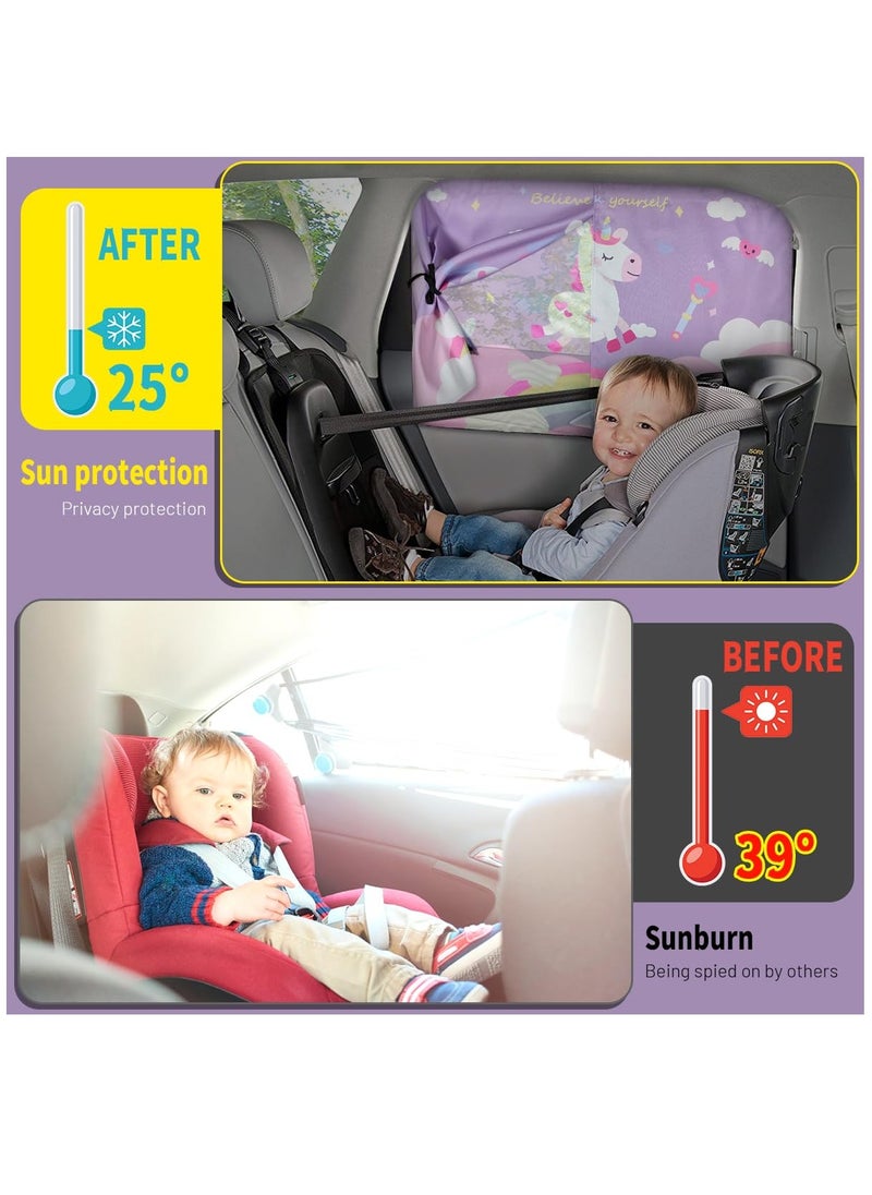 Excefore - Car Window Shade for Baby, Magnetic Double Layer Car Sun Shade for Side Windows Full Shade & Half Shade Options Cartoon Patterns Car Window Curtain for Heat Or UV Protection, Purple-Unicorn - Image 1