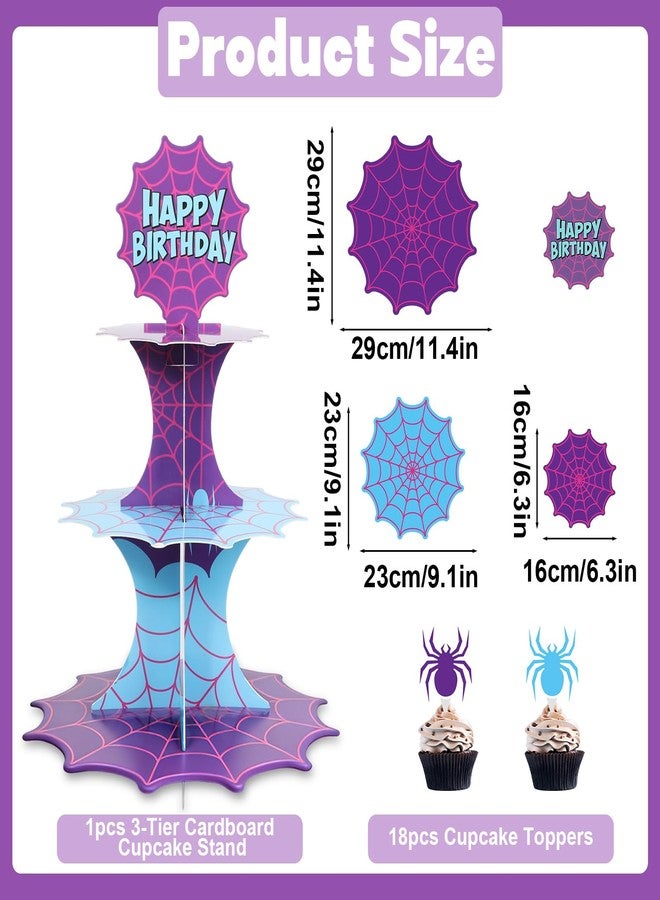 MinFyberd 3 Tier Spider Cupcake Stand with 18 Spider Cupcake Toppers Hero Birthday Party Decoration Blue Purple Spiderweb Cake Holder Hero Theme Dessert Tower for Super Birthday Party Supplies Table Decor - Image 2
