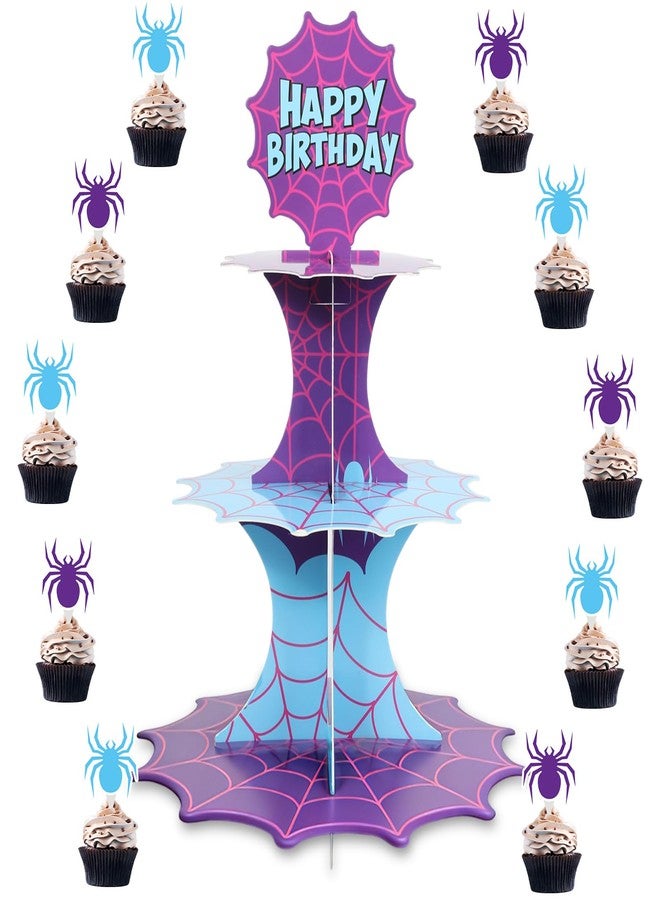 MinFyberd 3 Tier Spider Cupcake Stand with 18 Spider Cupcake Toppers Hero Birthday Party Decoration Blue Purple Spiderweb Cake Holder Hero Theme Dessert Tower for Super Birthday Party Supplies Table Decor - Image 1