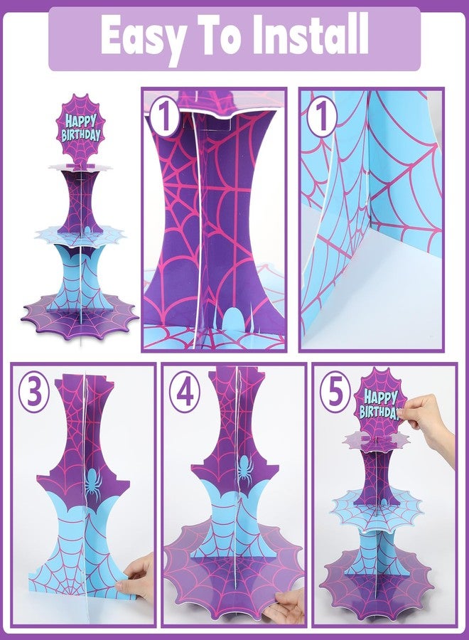 MinFyberd 3 Tier Spider Cupcake Stand with 18 Spider Cupcake Toppers Hero Birthday Party Decoration Blue Purple Spiderweb Cake Holder Hero Theme Dessert Tower for Super Birthday Party Supplies Table Decor - Image 4