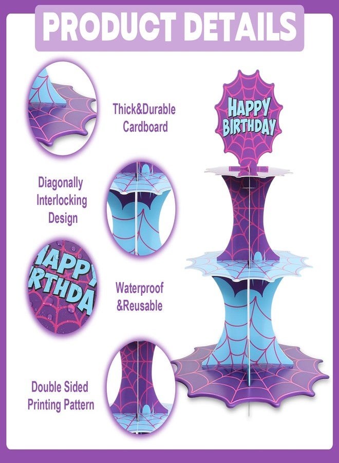 MinFyberd 3 Tier Spider Cupcake Stand with 18 Spider Cupcake Toppers Hero Birthday Party Decoration Blue Purple Spiderweb Cake Holder Hero Theme Dessert Tower for Super Birthday Party Supplies Table Decor - Image 3