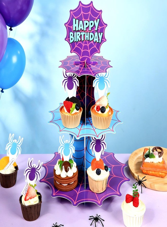 MinFyberd 3 Tier Spider Cupcake Stand with 18 Spider Cupcake Toppers Hero Birthday Party Decoration Blue Purple Spiderweb Cake Holder Hero Theme Dessert Tower for Super Birthday Party Supplies Table Decor - Image 5
