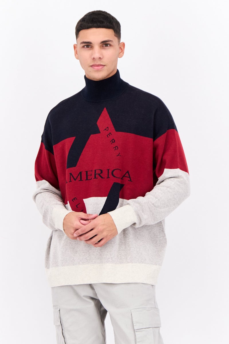 PERRY ELLIS Men Mock Neck Long Sleeve Brand Logo Sweatshirt, Maroon - Image 1