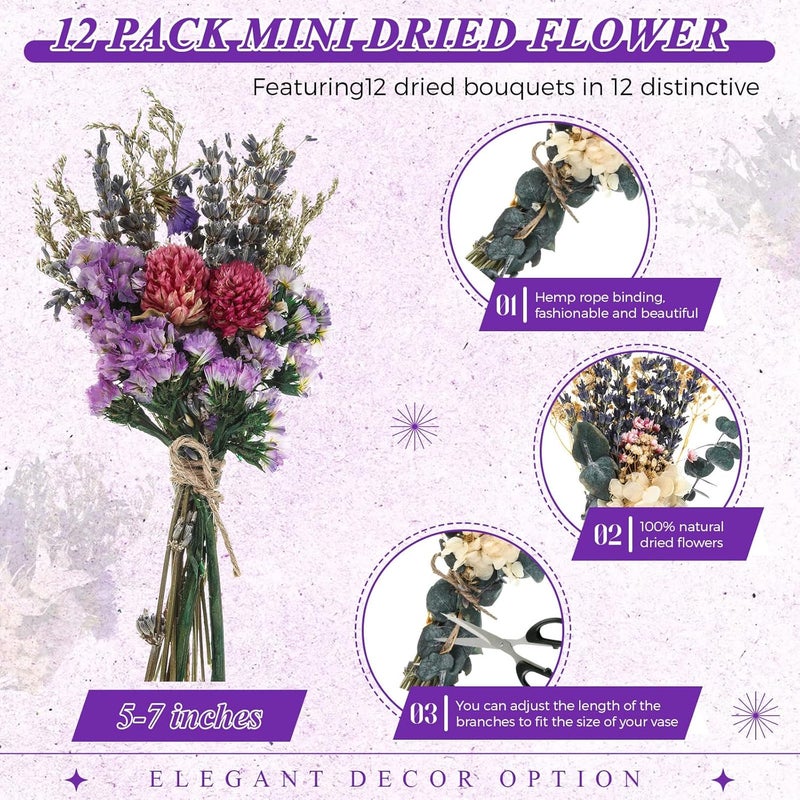 Layhit 12 Pack Boho Dried Flower Bouquet Mini Wedding Handmade Dry Flowers Decor for Vase Crafts DIY Photo Boutonniere for Men Floral Plant for Bridesmaid Gift Birthday Decor(Romantic) - Image 2