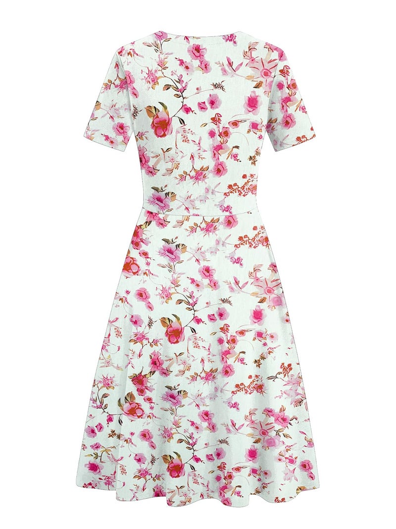 HELYO Women's Elegant Vintage 50s Office Casual Floral Print Work Party A-Line Swing Dress with Pockets 162 (M, Rose White) - Image 4