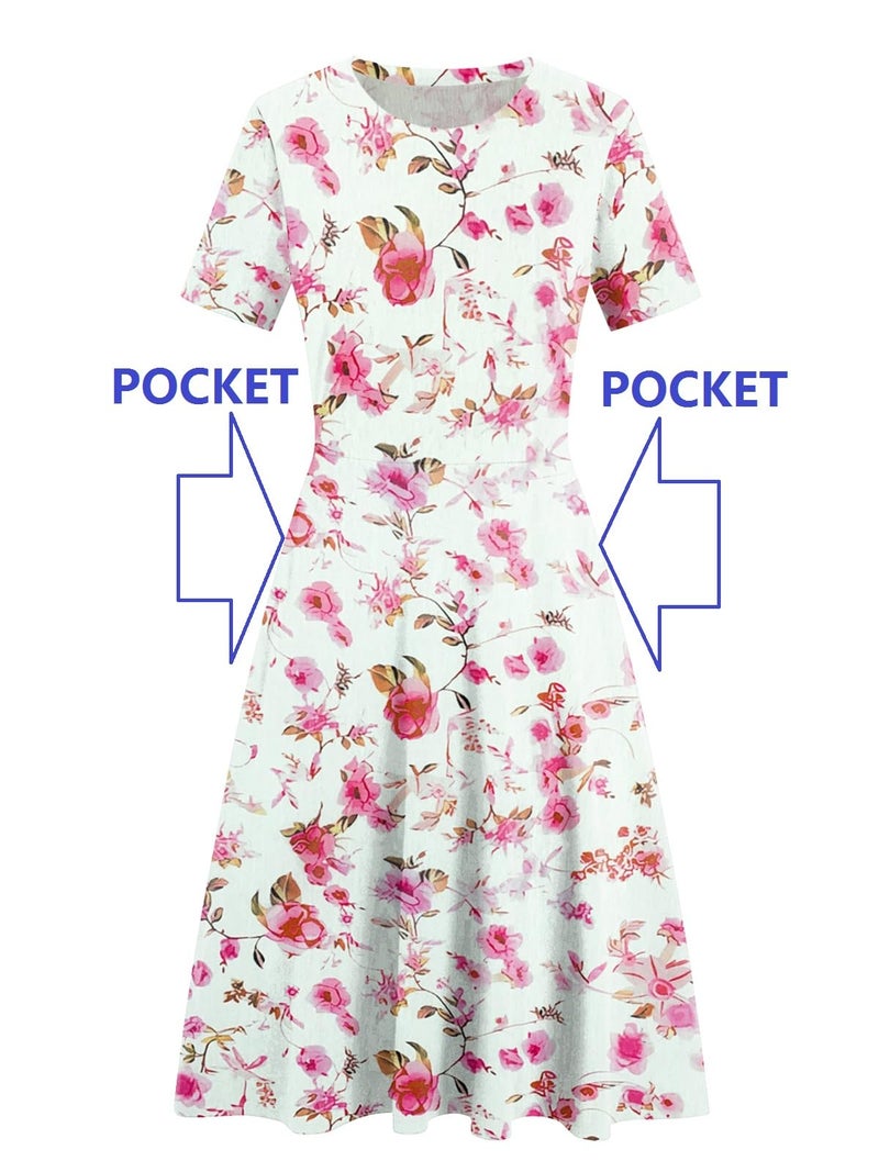 HELYO Women's Elegant Vintage 50s Office Casual Floral Print Work Party A-Line Swing Dress with Pockets 162 (M, Rose White) - Image 5