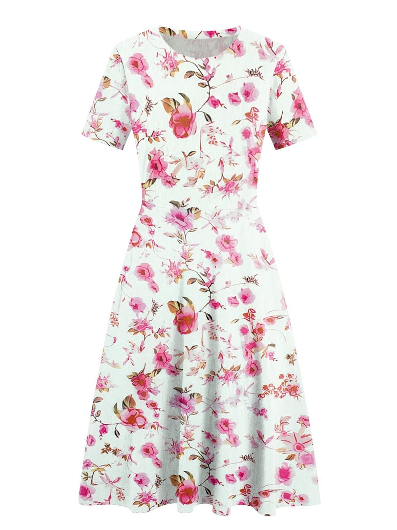 HELYO Women's Elegant Vintage 50s Office Casual Floral Print Work Party A-Line Swing Dress with Pockets 162 (M, Rose White) - Image 3