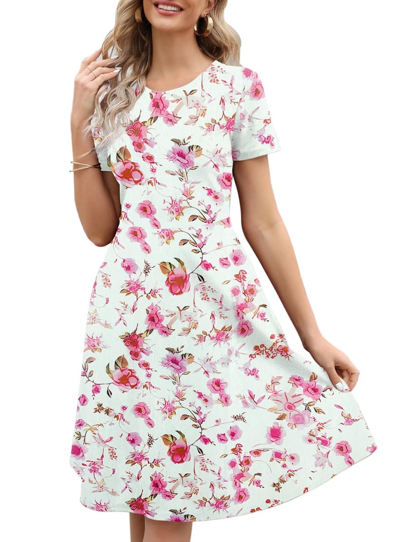 HELYO Women's Elegant Vintage 50s Office Casual Floral Print Work Party A-Line Swing Dress with Pockets 162 (M, Rose White) - Image 1