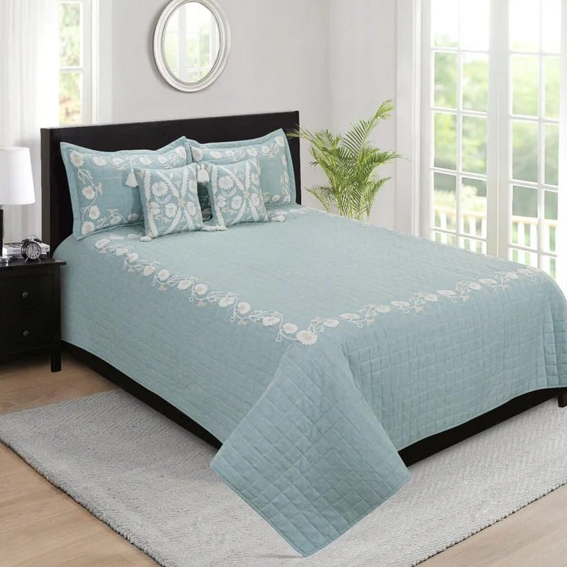 CASA AMI CASA AMI Bailey Bedcover Set 1 bedcover 2 Pillow Covers and 2 Cushion Covers Suitable for King and Queen Beds Quilted and Embroidered Fabric Linen 