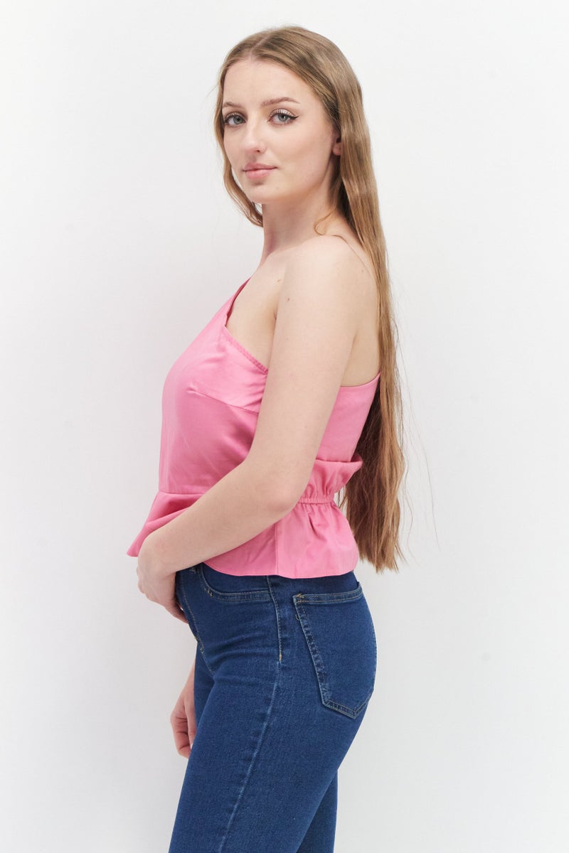 Miss Selfridge Women Asymmetrical Neck One Shoulder Plain Blouse, Pink - Image 3