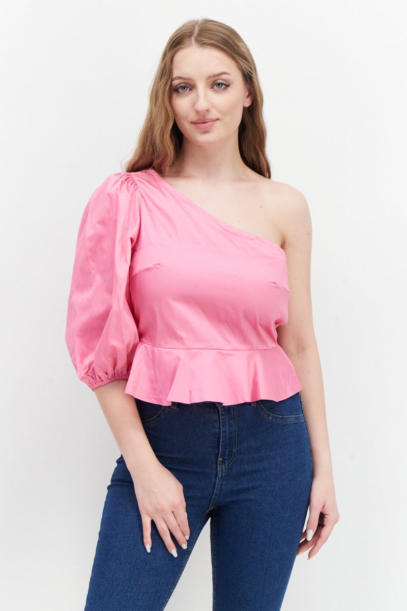 Miss Selfridge Women Asymmetrical Neck One Shoulder Plain Blouse, Pink - Image 1
