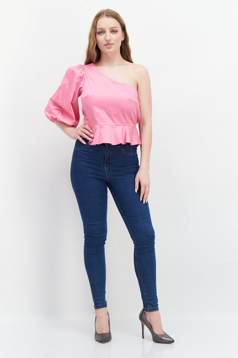 Miss Selfridge Women Asymmetrical Neck One Shoulder Plain Blouse, Pink - Image 4