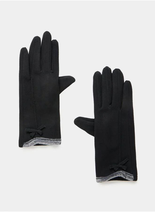 Styli Faux Fur Ribbon Detail Winter Gloves