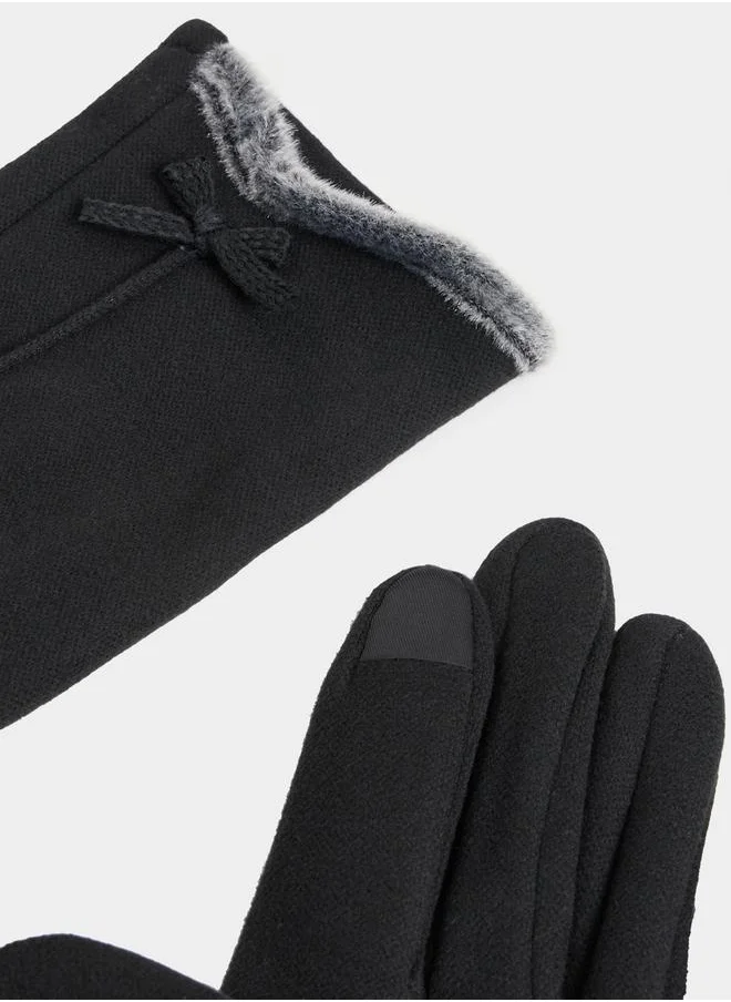 Styli Faux Fur Ribbon Detail Winter Gloves