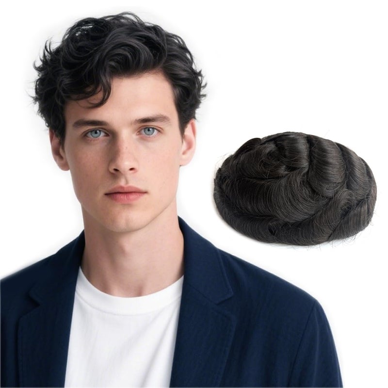 توباي هيويل للرجال مع 100 شعر بشري حقيقي قمة أحادية مع طلاء بولي حول القبعة، باروكة رجال بأجزاء شعر طبيعية مموجة بديل للرجال نظام أسود داكن 1B 8 10 بوصات