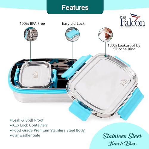PDDFALCON Lunch Mate Stainless Steel Lunch Box with 1 Small Inner Container with Air Tight Lids 100% Leak-Proof, BIS Certified, Made in India -750ml+180ml (Lunch Mate 750+180 (Sky Blue)) - Image 4
