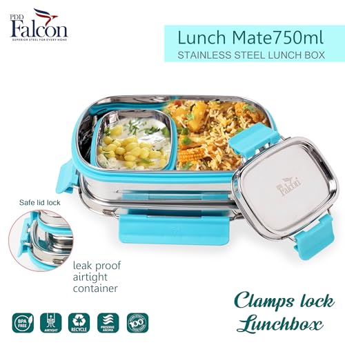 PDDFALCON Lunch Mate Stainless Steel Lunch Box with 1 Small Inner Container with Air Tight Lids 100% Leak-Proof, BIS Certified, Made in India -750ml+180ml (Lunch Mate 750+180 (Sky Blue)) - Image 3