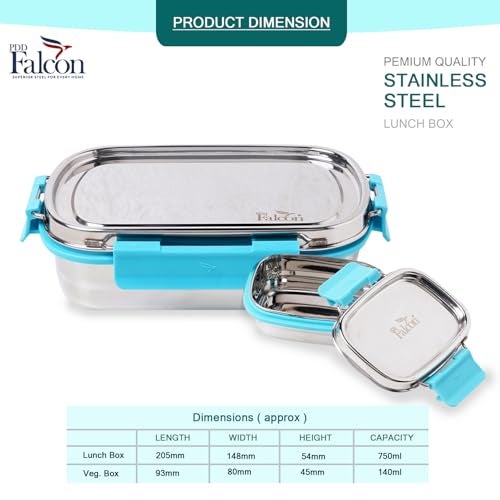 PDDFALCON Lunch Mate Stainless Steel Lunch Box with 1 Small Inner Container with Air Tight Lids 100% Leak-Proof, BIS Certified, Made in India -750ml+180ml (Lunch Mate 750+180 (Sky Blue)) - Image 2