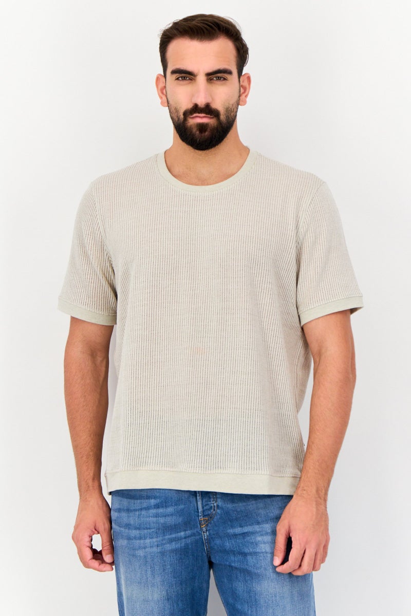 VINCE CAMUTO Men Crew Neck Short Sleeve Textured Knit T-Shirt, Beige - Image 1