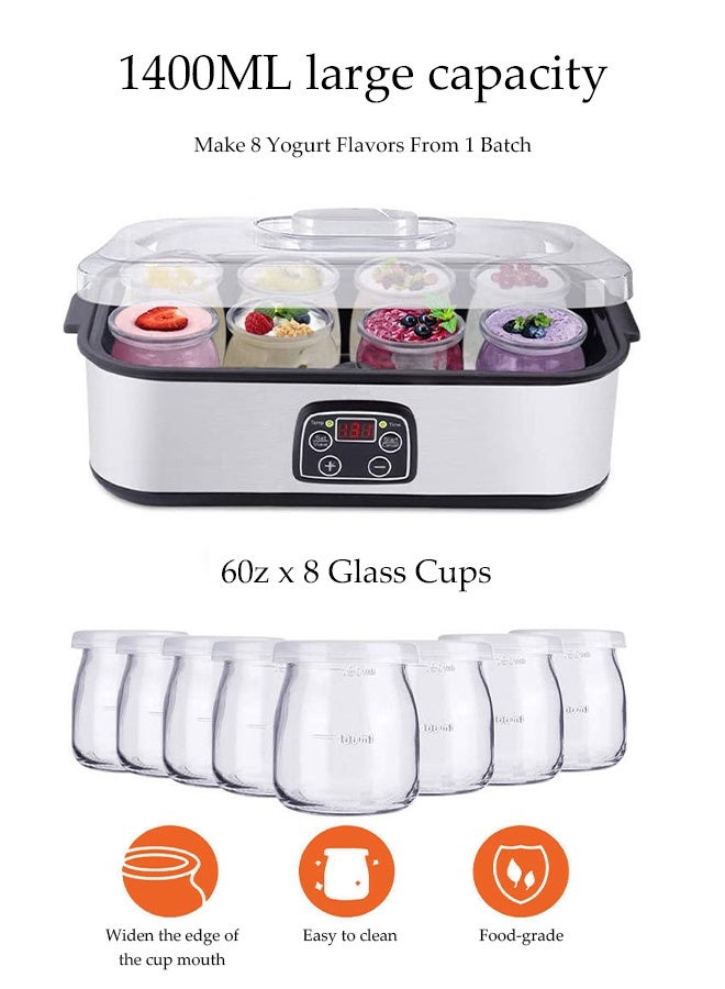 DUNISO Yogurt Maker，Multifunctional Yoghurt Fermentation Machine with 8 Pcs 180ml Glass Cups，Homemade Greek Yogurt, Temp Control & Smart Timer，Easy to Clean，for Home Organic Yogurt, Greek Yogurt, Cheese, Natto - Image 4