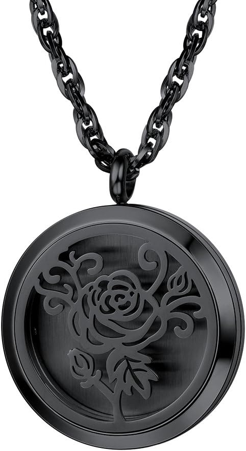 PROSTEEL Diffuser Aromatherapy Necklace,Perfume Locket Pendant Charm,Delicate Rose Flower Hot Women Jewelry,Black Stainless Steel