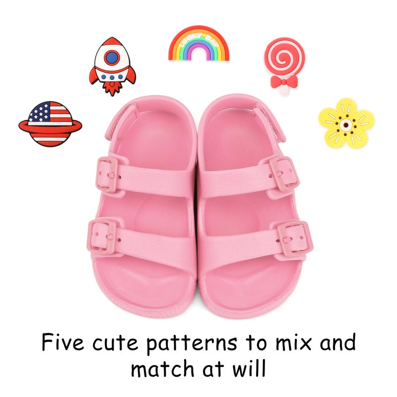 ChayChax Toddler Boys Girls Double Buckle Sandals With 5-Pack PVC Shoe Charms Children's Adjustable Back Strap Water Sandal, Pink + Shoe Charms, 7 Toddler - Image 3