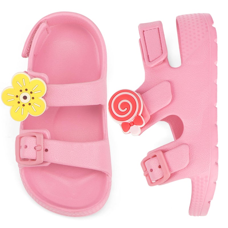 ChayChax Toddler Boys Girls Double Buckle Sandals With 5-Pack PVC Shoe Charms Children's Adjustable Back Strap Water Sandal, Pink + Shoe Charms, 7 Toddler - Image 1