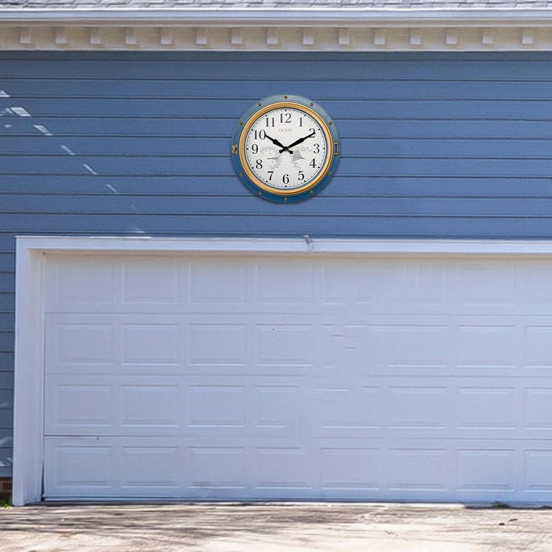 OCEST 16 Inch Indoor Outdoor Clock, Waterproof Wall Clock with Thermometer Hygrometer, Silent Non-Ticking Battery Operated Decor for Home Decor, Patio(Blue) - Image 3