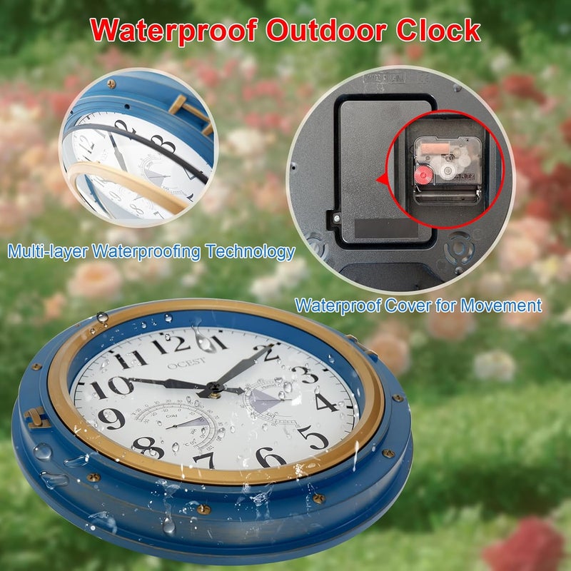 OCEST 16 Inch Indoor Outdoor Clock, Waterproof Wall Clock with Thermometer Hygrometer, Silent Non-Ticking Battery Operated Decor for Home Decor, Patio(Blue) - Image 4