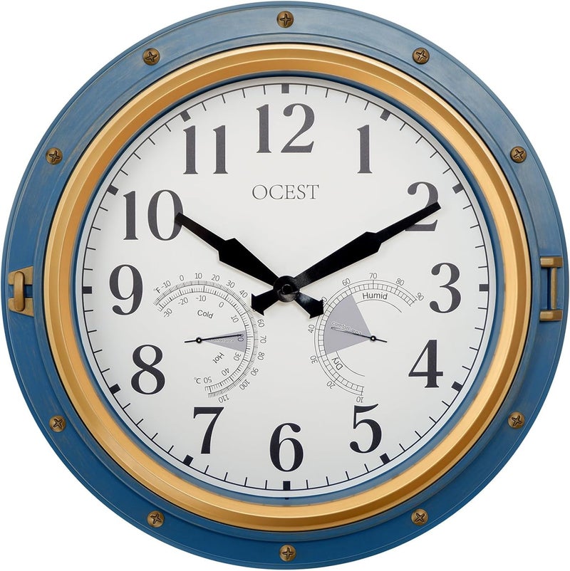 OCEST 16 Inch Indoor Outdoor Clock, Waterproof Wall Clock with Thermometer Hygrometer, Silent Non-Ticking Battery Operated Decor for Home Decor, Patio(Blue) - Image 1