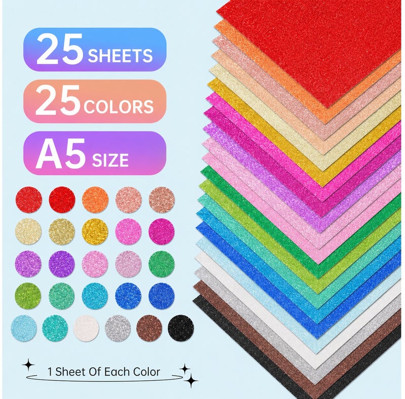 25 Sheets Glitter Cardstock, 25 Colors A5 Glitter Paper, Thick Sparkly Cardstock Paper for Card Making, Arts and Crafts DIY Projects, School Supplies and Gift Tags, Multicolor - Image 2