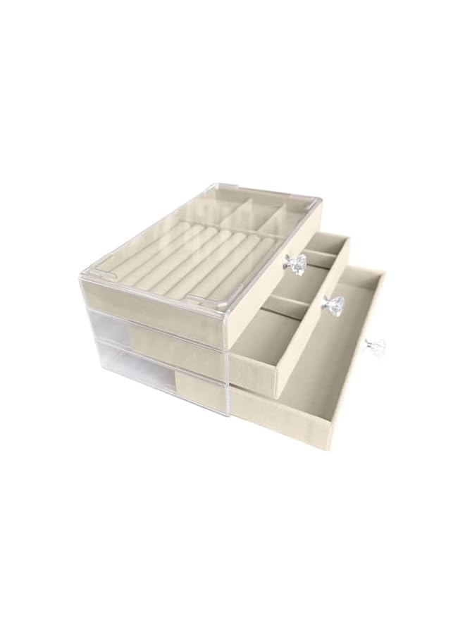 The Bros Acrylic Jewelry Organizer Box with 3 Drawers, Clear Jewelry Boxes for Women Earring Rings Bangle Bracelet and Necklace Holder Storage Velvet Jewelry Display Case (Beige) - Image 2