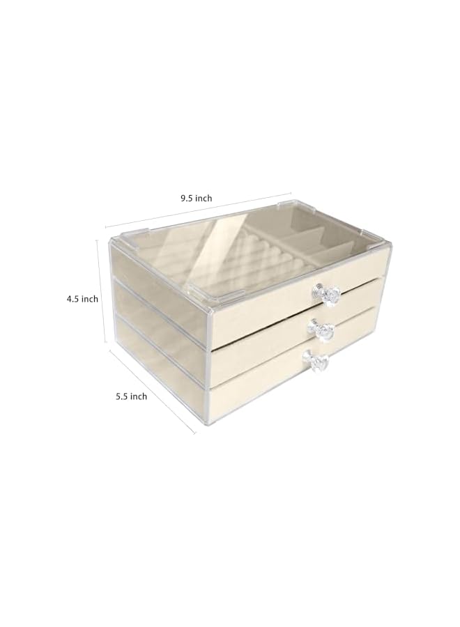 The Bros Acrylic Jewelry Organizer Box with 3 Drawers, Clear Jewelry Boxes for Women Earring Rings Bangle Bracelet and Necklace Holder Storage Velvet Jewelry Display Case (Beige) - Image 4