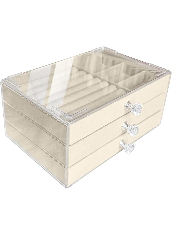 The Bros Acrylic Jewelry Organizer Box with 3 Drawers, Clear Jewelry Boxes for Women Earring Rings Bangle Bracelet and Necklace Holder Storage Velvet Jewelry Display Case (Beige) - Image 1