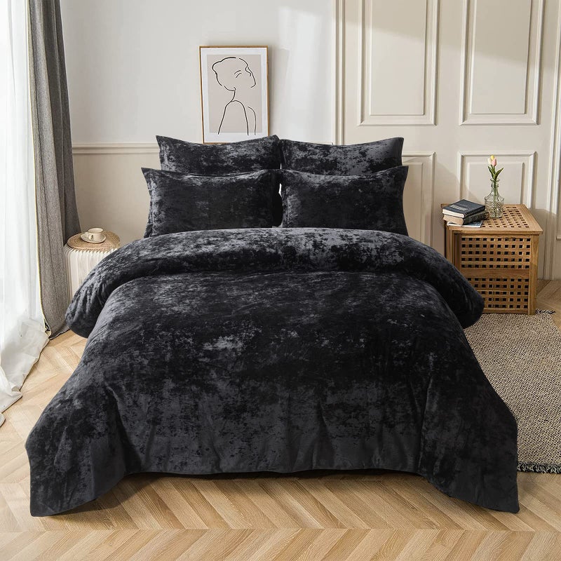 Fredsure Distressed Velvet Comforter Set 5 Pieces Black Queen Distressed Velvet Face and Brushed Microfiber Reverse