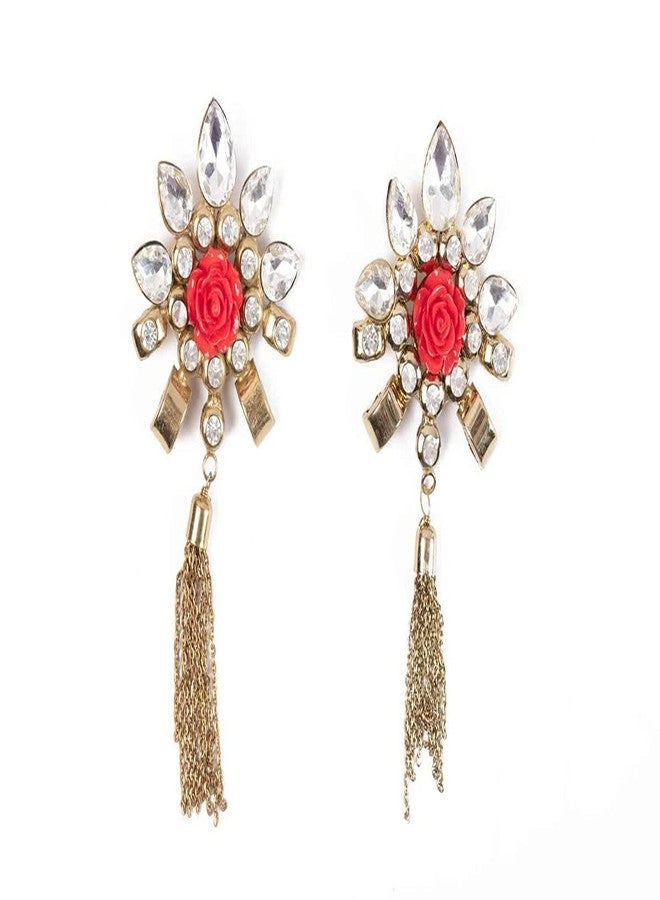 Mohan Shoppe Red Golden Flower Brooch with Stones for Clothes,Dress Lapel,Boys and Men Size- 6. 1 cm X 12.9 cm Approx,Package of 1 Piece - Image 1