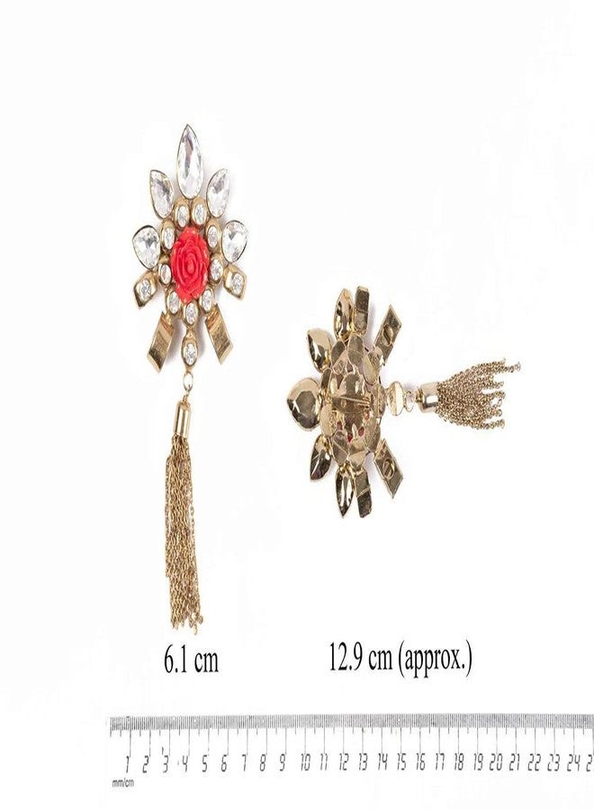 Mohan Shoppe Red Golden Flower Brooch with Stones for Clothes,Dress Lapel,Boys and Men Size- 6. 1 cm X 12.9 cm Approx,Package of 1 Piece - Image 3