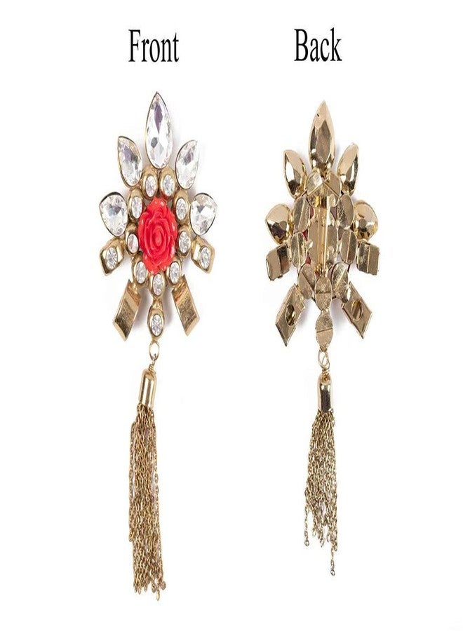 Mohan Shoppe Red Golden Flower Brooch with Stones for Clothes,Dress Lapel,Boys and Men Size- 6. 1 cm X 12.9 cm Approx,Package of 1 Piece - Image 2