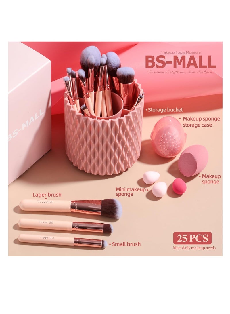 BS مول 18Pcs Complete Makeup Brush Set with 5 Sponges & Rotating Holder, Premium Synthetic Kabuki Foundation Concealer Eyeshadow Brushes Kit for Professional and Beginner Makeup, Soft Pink - Image 2