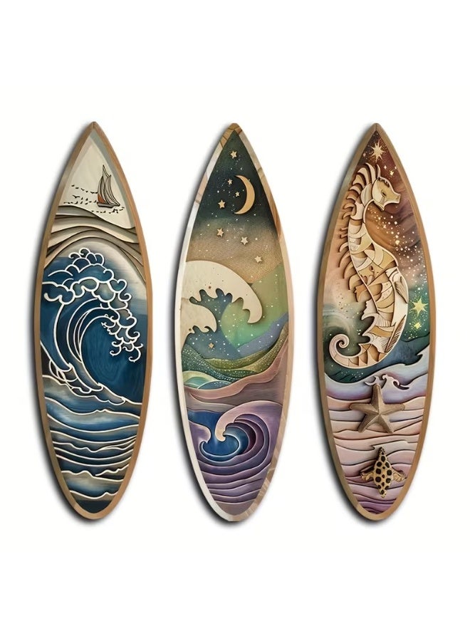 Goolsky Set of 3pcs of 2D Non-Dented Wooden Surfboard Wall Art - Featuring Nautical Boats, Seahorses, And Night Waves in a Decorative Art Style - Perfect for Nautical Themes And Beach Decor, Suitable for Ramadan, New Year, And Everyday Decoration. - Image 1