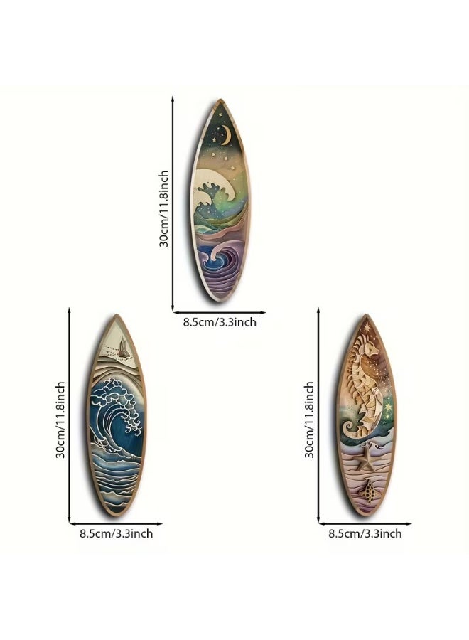 Goolsky Set of 3pcs of 2D Non-Dented Wooden Surfboard Wall Art - Featuring Nautical Boats, Seahorses, And Night Waves in a Decorative Art Style - Perfect for Nautical Themes And Beach Decor, Suitable for Ramadan, New Year, And Everyday Decoration. - Image 3