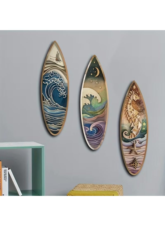Goolsky Set of 3pcs of 2D Non-Dented Wooden Surfboard Wall Art - Featuring Nautical Boats, Seahorses, And Night Waves in a Decorative Art Style - Perfect for Nautical Themes And Beach Decor, Suitable for Ramadan, New Year, And Everyday Decoration. - Image 5