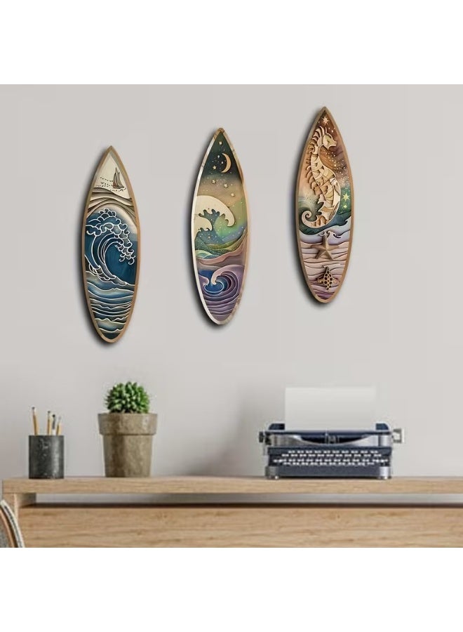 Goolsky Set of 3pcs of 2D Non-Dented Wooden Surfboard Wall Art - Featuring Nautical Boats, Seahorses, And Night Waves in a Decorative Art Style - Perfect for Nautical Themes And Beach Decor, Suitable for Ramadan, New Year, And Everyday Decoration. - Image 2