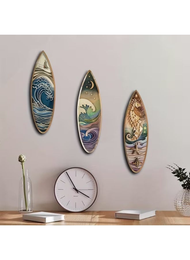 Goolsky Set of 3pcs of 2D Non-Dented Wooden Surfboard Wall Art - Featuring Nautical Boats, Seahorses, And Night Waves in a Decorative Art Style - Perfect for Nautical Themes And Beach Decor, Suitable for Ramadan, New Year, And Everyday Decoration. - Image 4