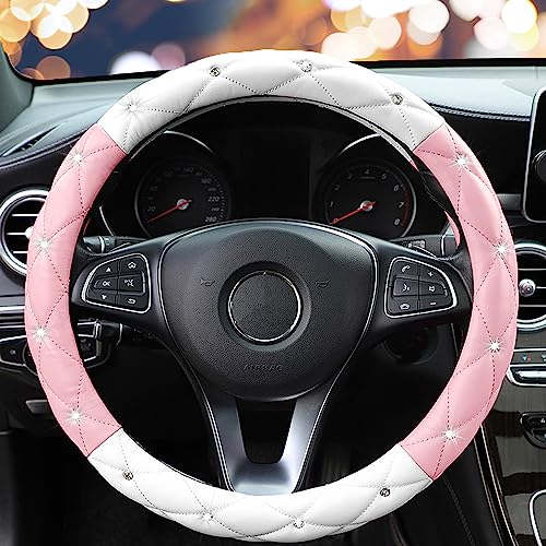 YOGURTCK Cute Diamond Soft Leather Steering Wheel Cover with Bling Bling Crystal Rhinestones Universal 15 Inch for Women Girls Fit Vehicles Sedans SUVs Vans Trucks Light Pink and White - Image 3