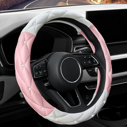 YOGURTCK Cute Diamond Soft Leather Steering Wheel Cover with Bling Bling Crystal Rhinestones Universal 15 Inch for Women Girls Fit Vehicles Sedans SUVs Vans Trucks Light Pink and White - Image 1