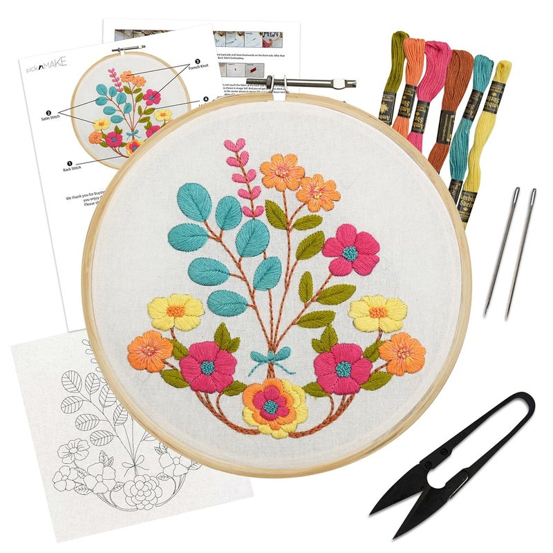 picknMAKE DIY Cross Stitch Hand Embroidery Kit for Beginners Adult Kids with Pattern Cloth Multicolor Floral Bouquet Design Written Instructions Embroidery Hoop All Other Materials Included